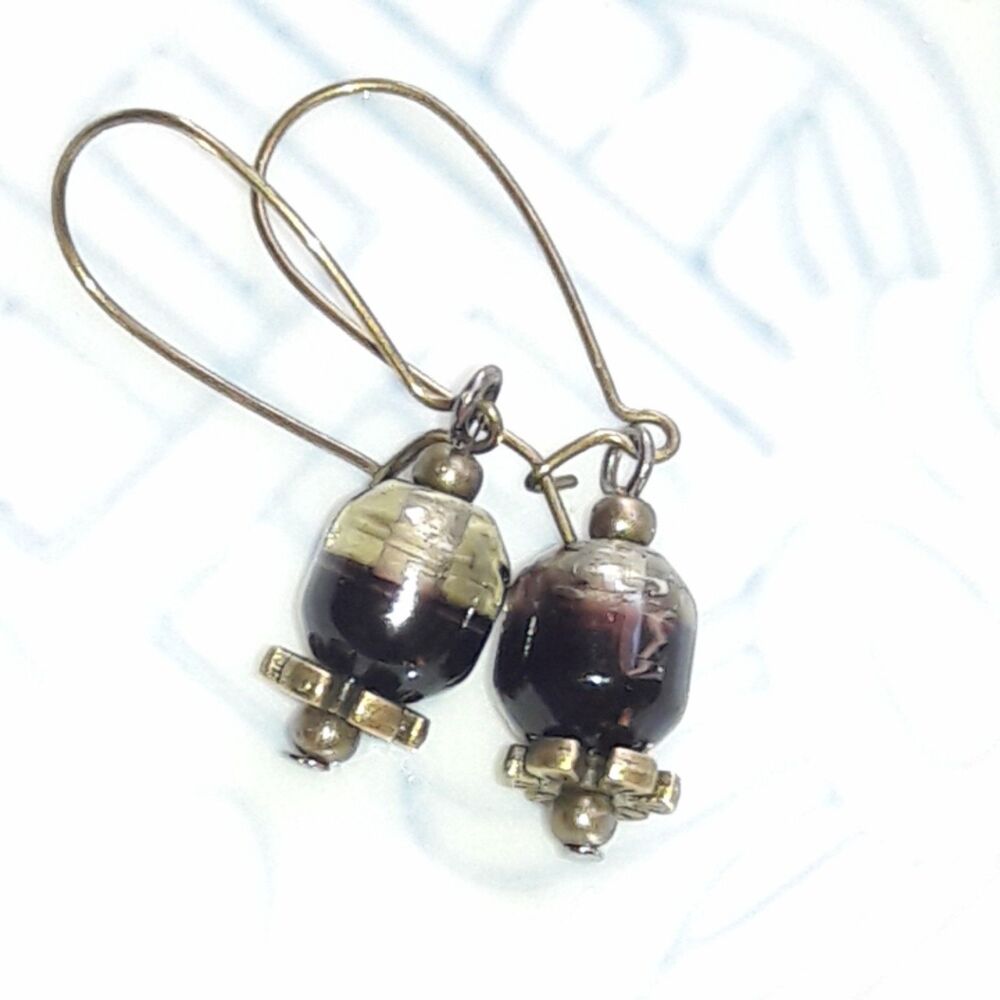 Brown Glass Antique Bronze SemiHoops Hidden Meaning earrings Unique Shapes  485■